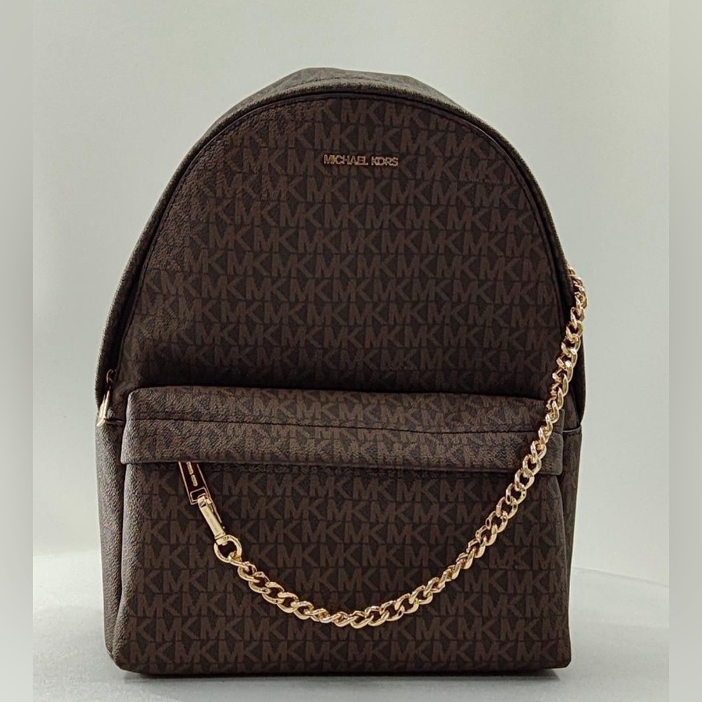 Michael Kors Brown MK Logo Slater Backpack with Gold Chain Strap